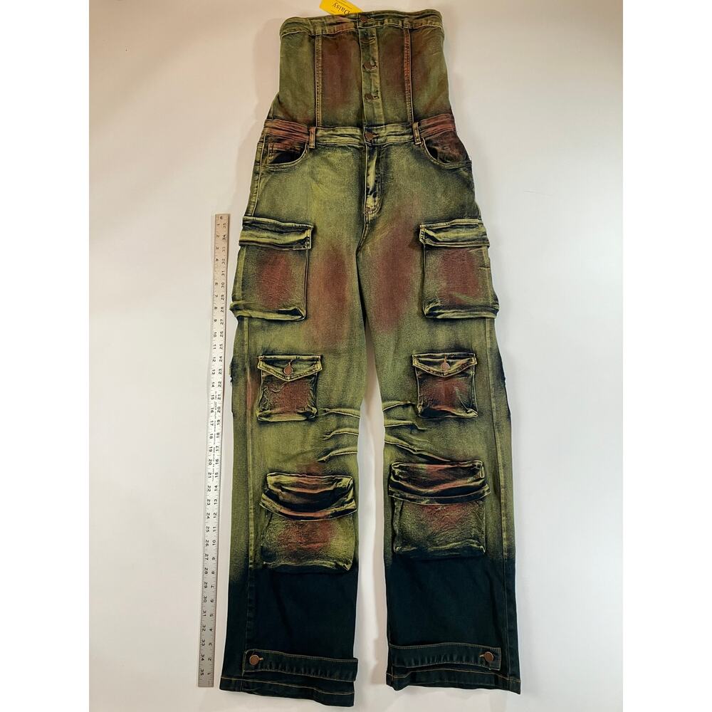 Daisy Women's XL Strapless Cargo Denim Jumpsuit Multicolor Acid Wash Y2K NWT - Picture 8 of 8